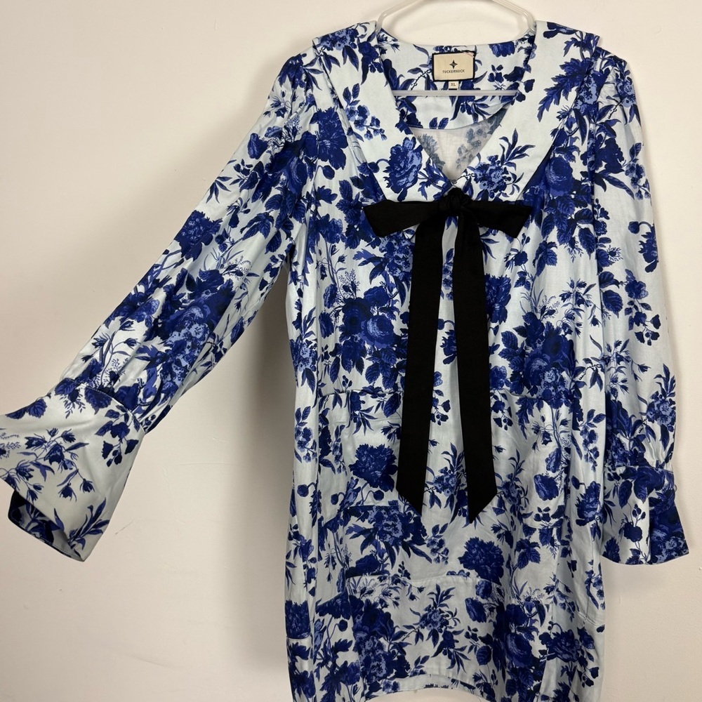 Tuckernuck Bella Dress Sapphire Bloom Womens XL Blue White Floral Neck Tie - Picture 4 of 16